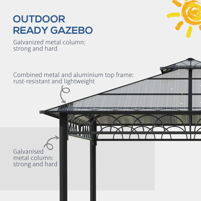 Hard Top Double Polycarbonate Roof Gazebo with Nettings & Curtains - 3x3 (m) - Grey Clear / Khaki