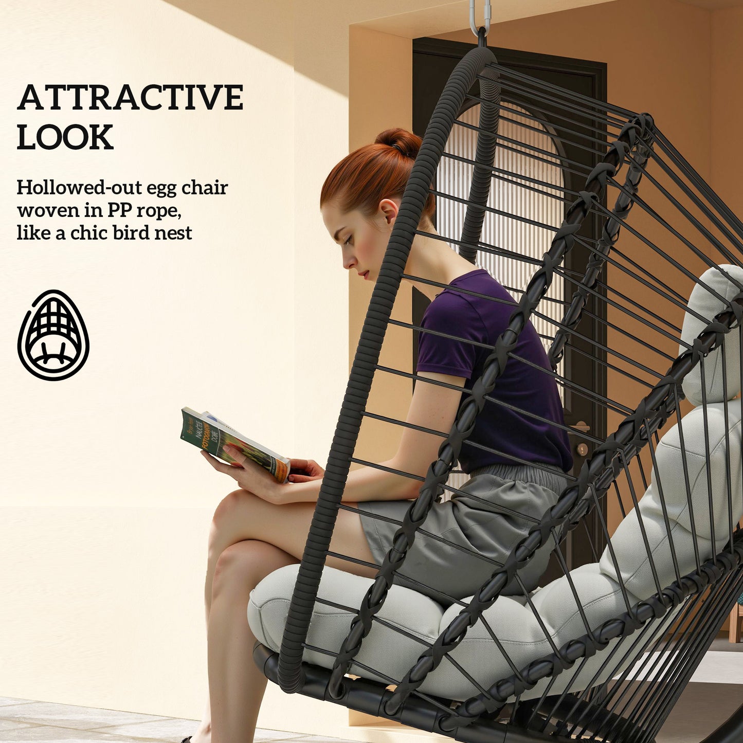 Outdoor PE Rattan Swing Chair with Foldable Basket and Cushion, Garden Patio Hanging Egg Chair with Metal Stand