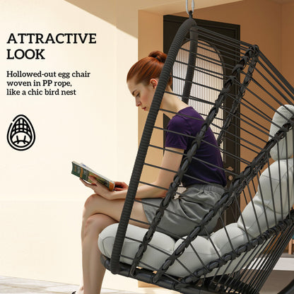 Outdoor PE Rattan Swing Chair with Foldable Basket and Cushion, Garden Patio Hanging Egg Chair with Metal Stand