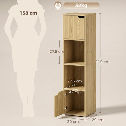 Narrow Bookcase, 4-Tier Bookshelf, Storage Cabinet with doors for Living Room, Bedroom, Oak
