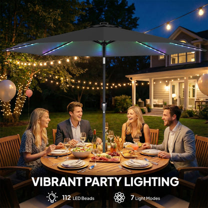 3 m Garden Parasol Umbrella with 112 Solar Powered LED Lights, Patio Umbrella with Crank Handle, Grey
