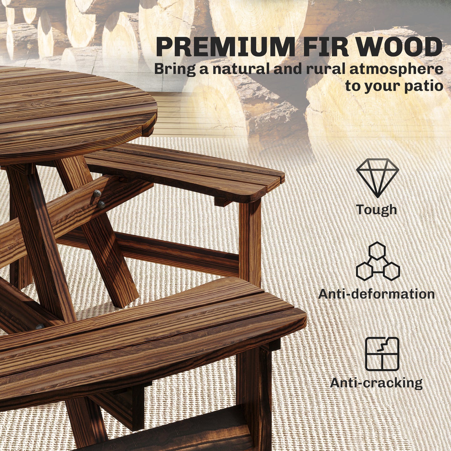 Wooden Garden Dining Set, 6 Seater Round Dining Picnic Table with Matching Bench