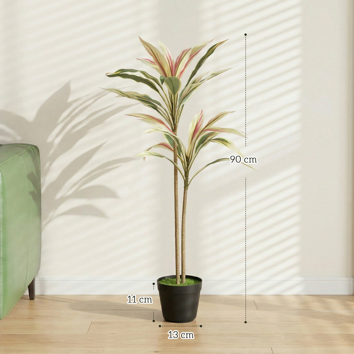 90 cm Artificial Cordyline Tree in Moss Effect Pot, Realistic PEVA Faux Plant, Yellow