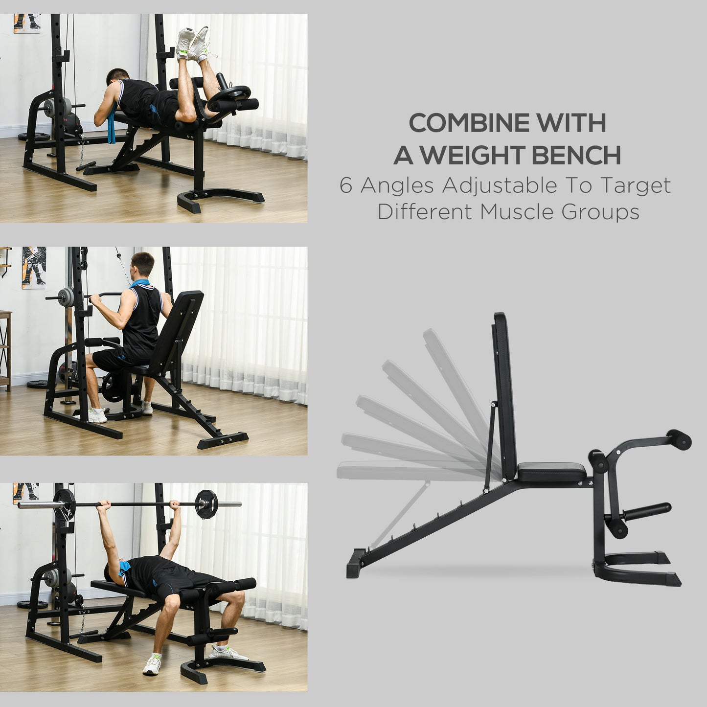 Smith Machine & Cable Pulley System with Adjustable Weight Bench, Multifunction Home Gym Power Rack