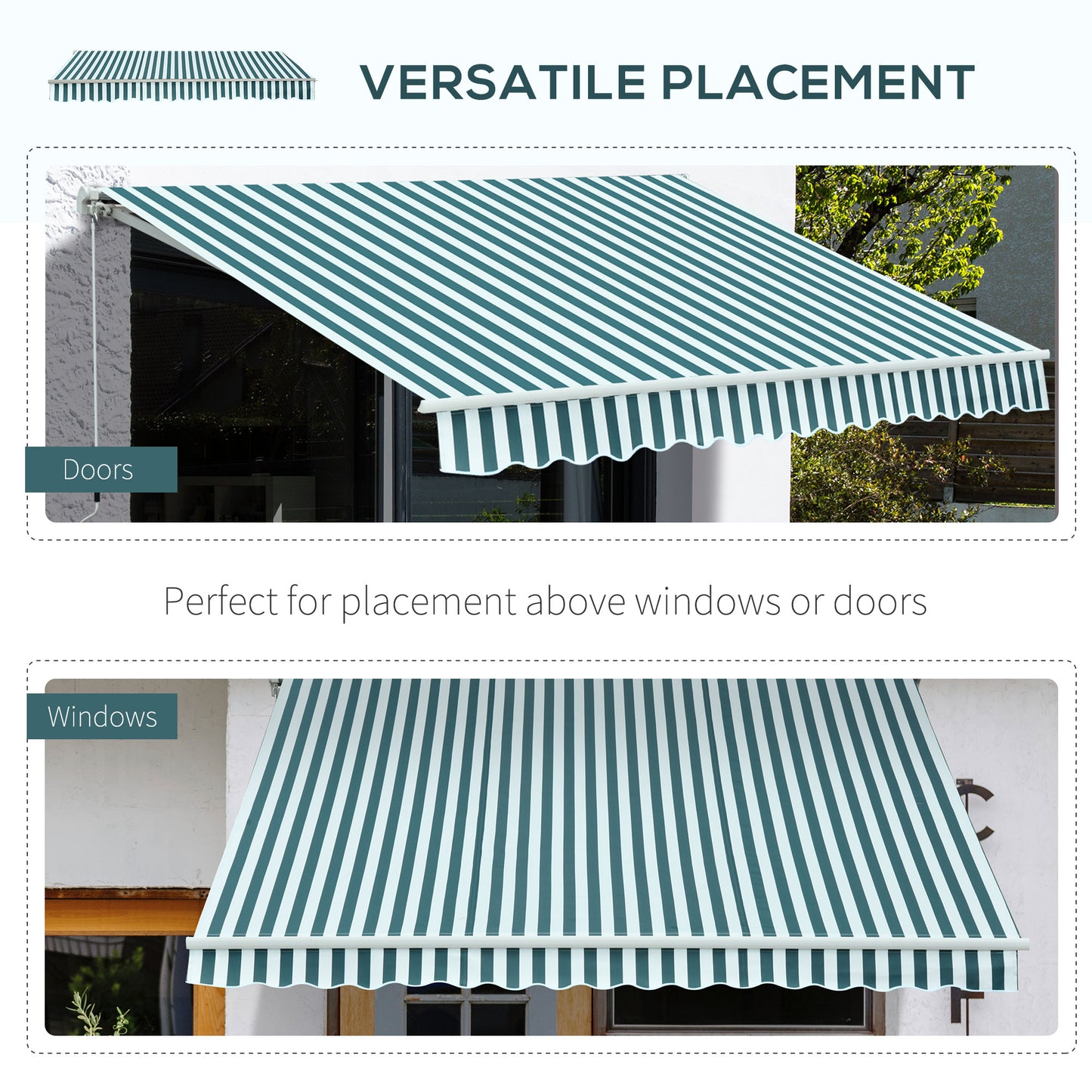 3 x 2.5m Patio Awning, Anti-UV and Waterproof Sun Shade Canopy with Chain Drive and Hand Crank, Green/White Stripes