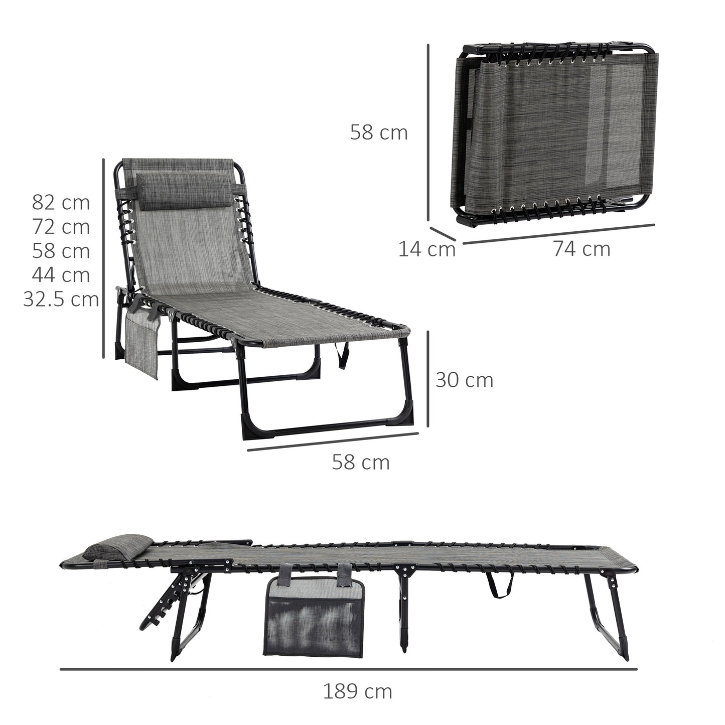 Portable Sun Lounger, Folding Camping Bed Cot, Reclining Lounge Chair 5-position Adjustable Backrest with Side Pocket