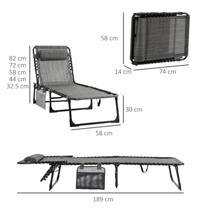 Portable Sun Lounger, Folding Camping Bed Cot, Reclining Lounge Chair 5-position Adjustable Backrest with Side Pocket