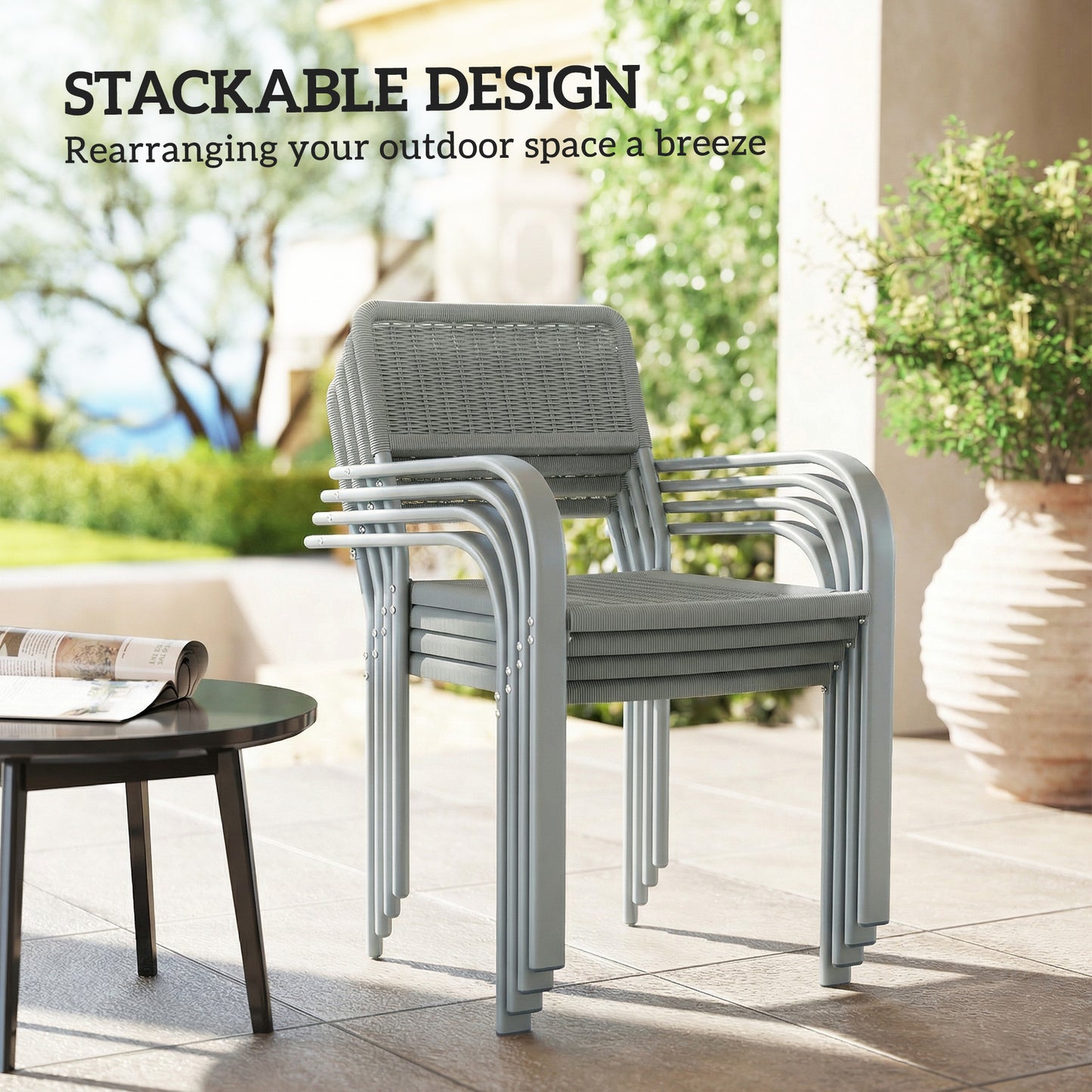 Stackable Garden Chairs Set of 4, Rattan Effect Outdoor Dining Chairs, Light Grey