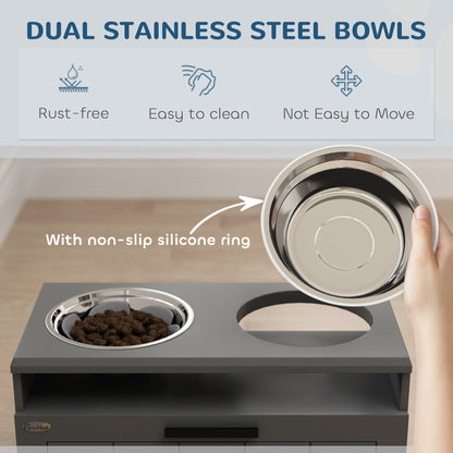 Raised Dog Bowl with Slow Feeder, Two Stainless Steel Dog Bowls, Drawer, for Large and Extra Large Dogs, Grey