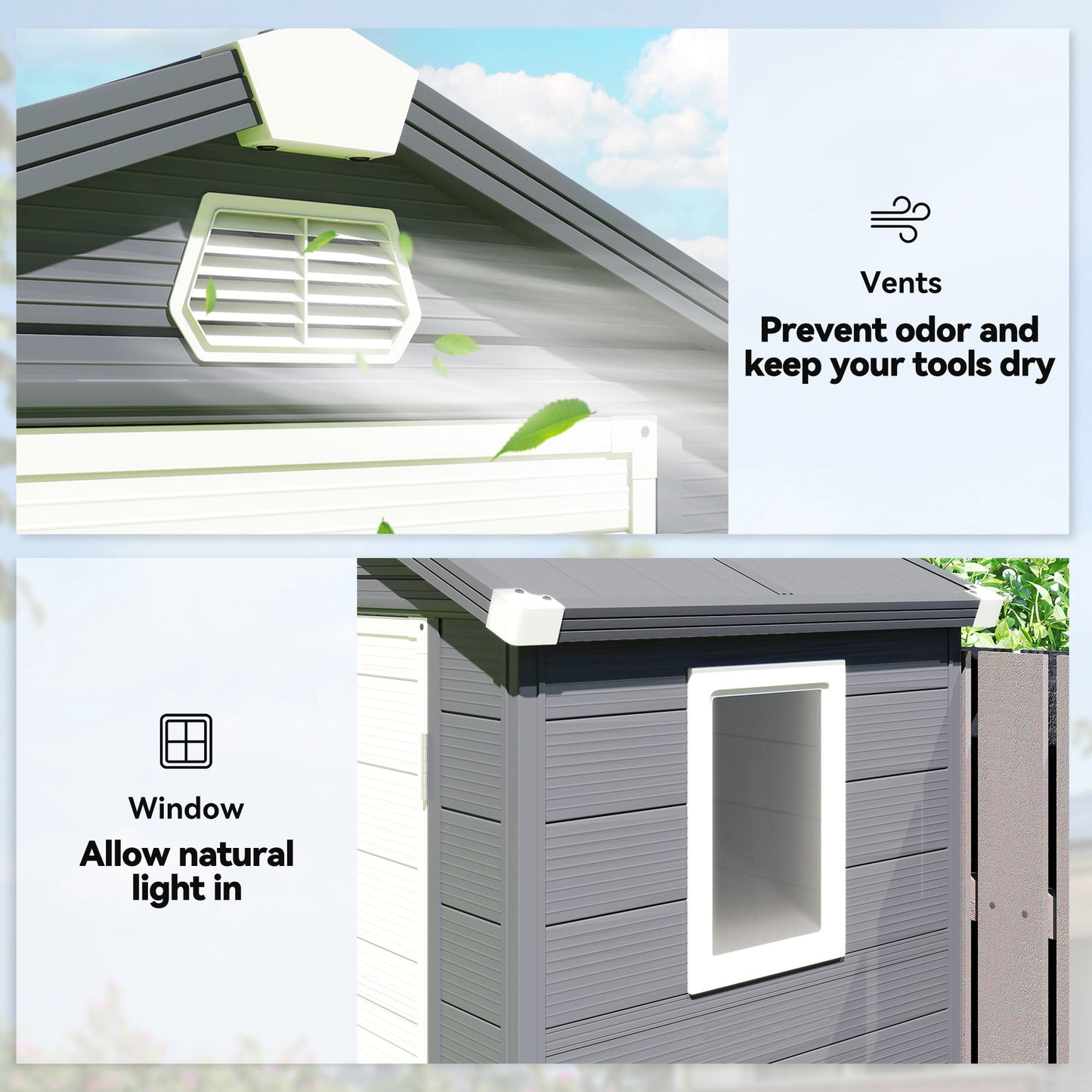 4.4ft x 3.3ft size Aluminium Frame and Plastic Wall Shed, with Foundation - Grey