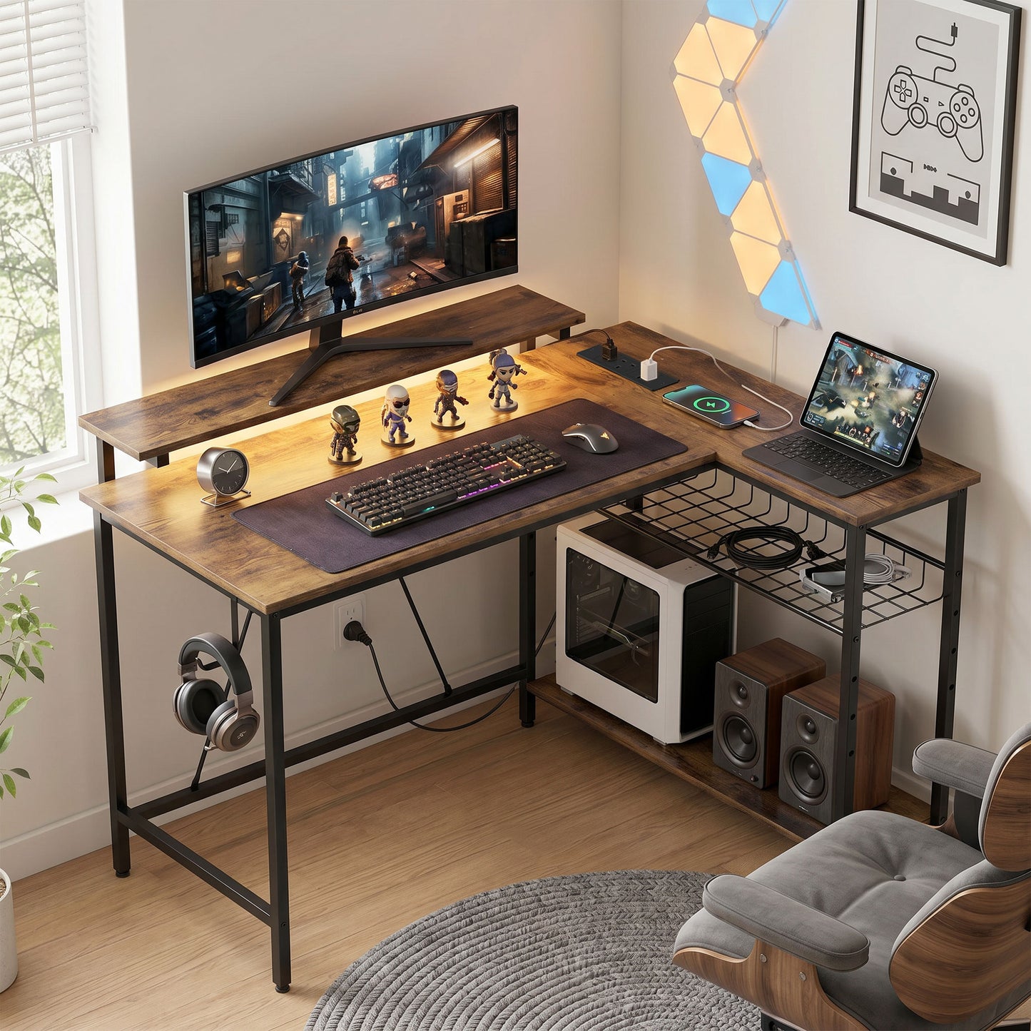 Reversible 'L' LED Light Gaming/Work Desk - Rustic Brown