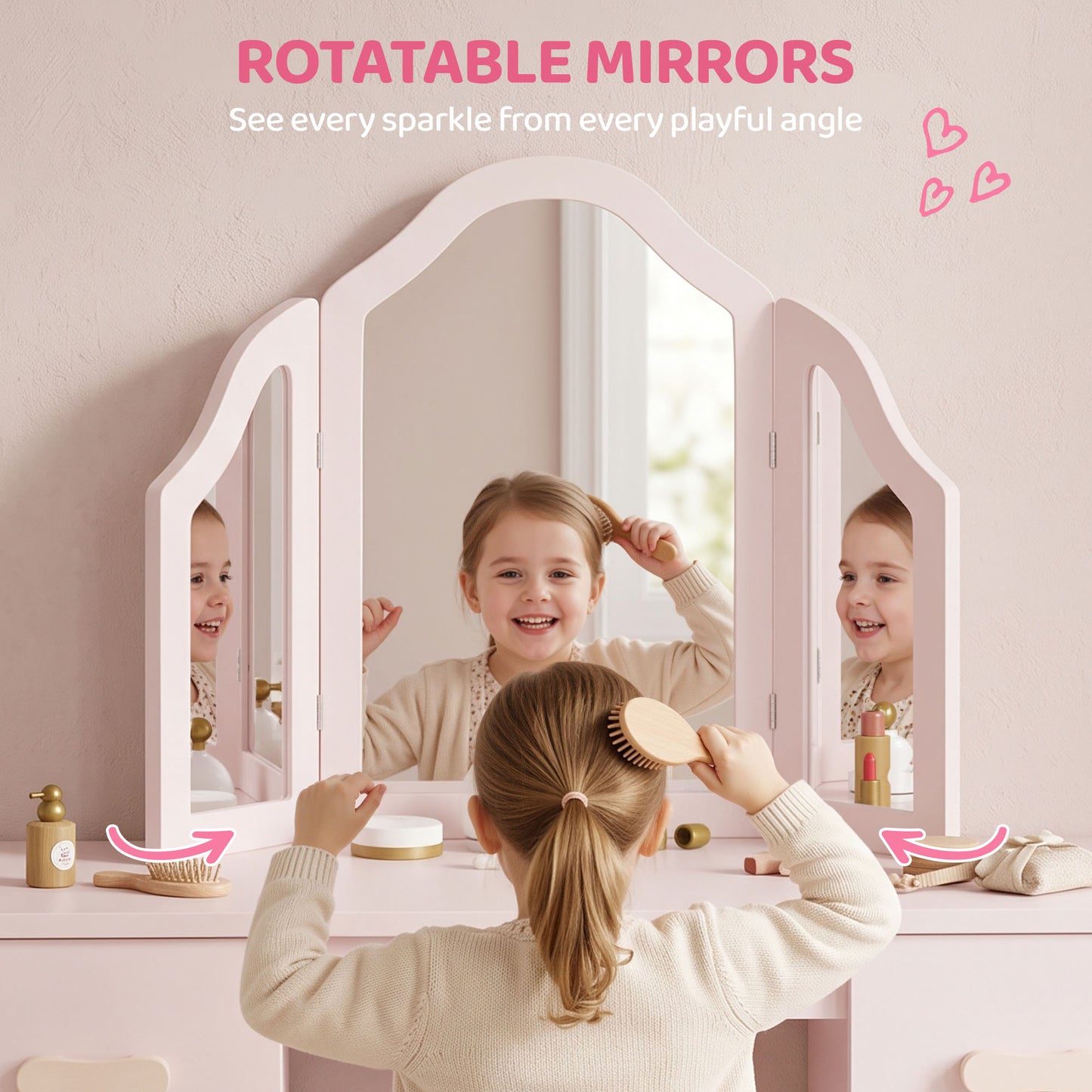 Kids Dressing Table, Kids Vanity Table and Chair Set with Tri-Folding Mirror, 2 Drawers, 2 Cabinets for Girls 3+, Pink