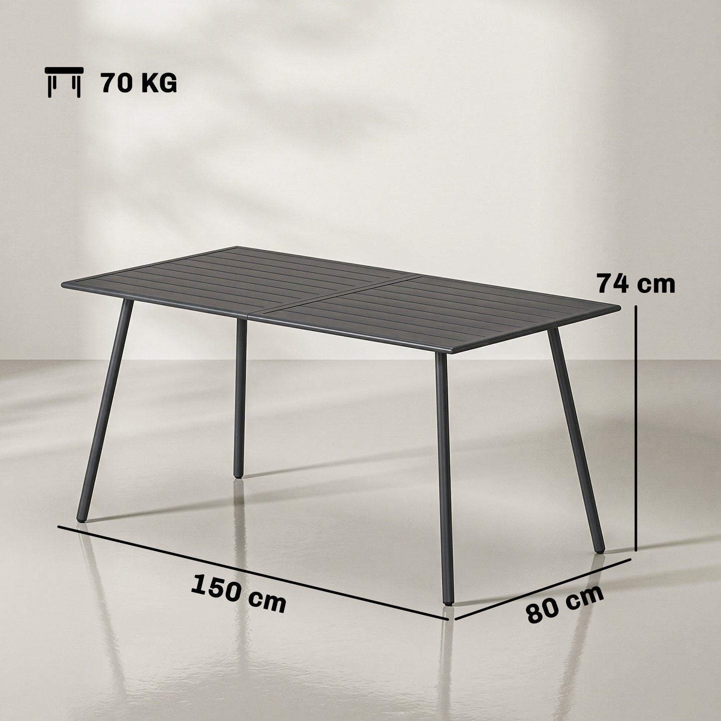 Rectangle Garden Table with Slat Top, Steel Frame, Outdoor Table for 6 Person, 150 x 80 x 74 cm, Grey