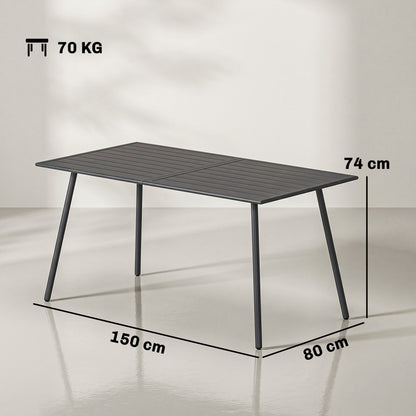 Rectangle Garden Table with Slat Top, Steel Frame, Outdoor Table for 6 Person, 150 x 80 x 74 cm, Grey
