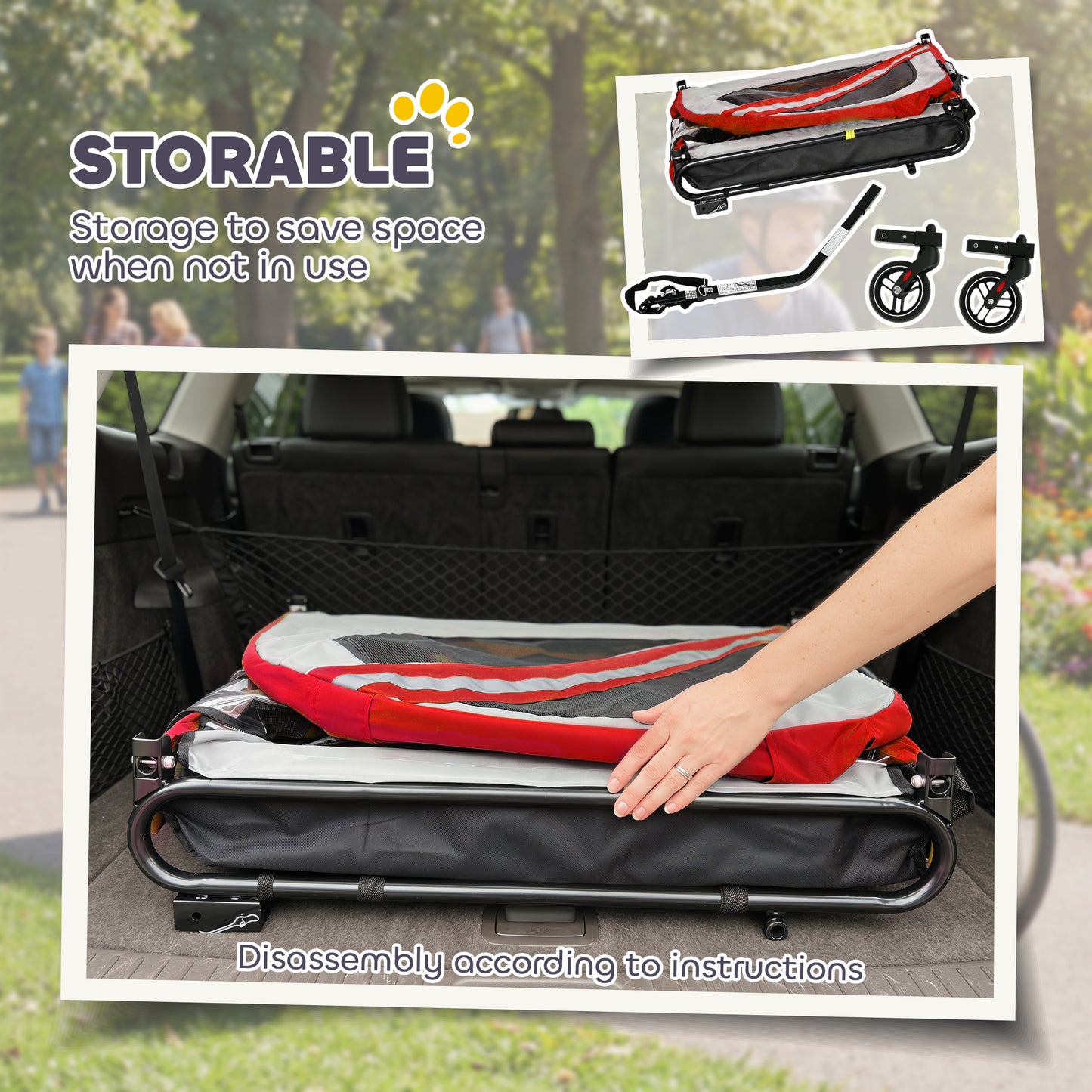 2-In-1 Dog Bike Trailer Pet Stroller with Universal Wheel Reflector Flag Red