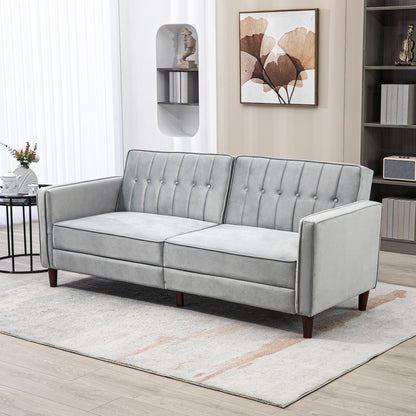 Modern Convertible Sofa Futon Velvet-Touch Tufted Couch with Adjustable Split Back, Light Grey