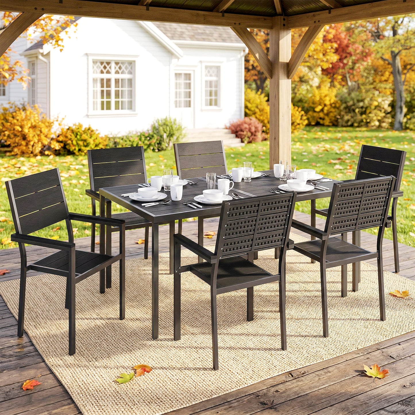 7 Pieces Outdoor Dining Set, Patio Table and Chairs for 6, Garden Dining Furniture Set with Slatted Tabletop