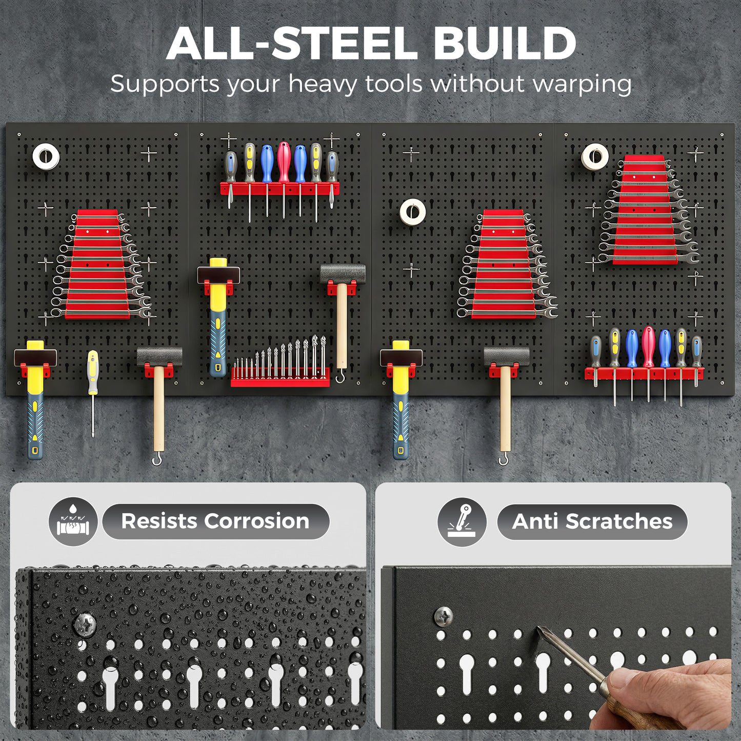 38 Pcs Wall-Mounted Pegboard with 4 Boards, Garage Tool Storage Unit Black and Red