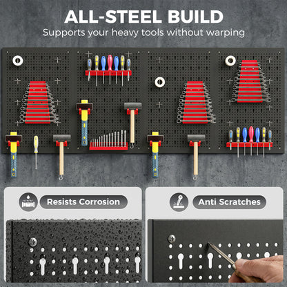 38 Pcs Wall-Mounted Pegboard with 4 Boards, Garage Tool Storage Unit Black and Red
