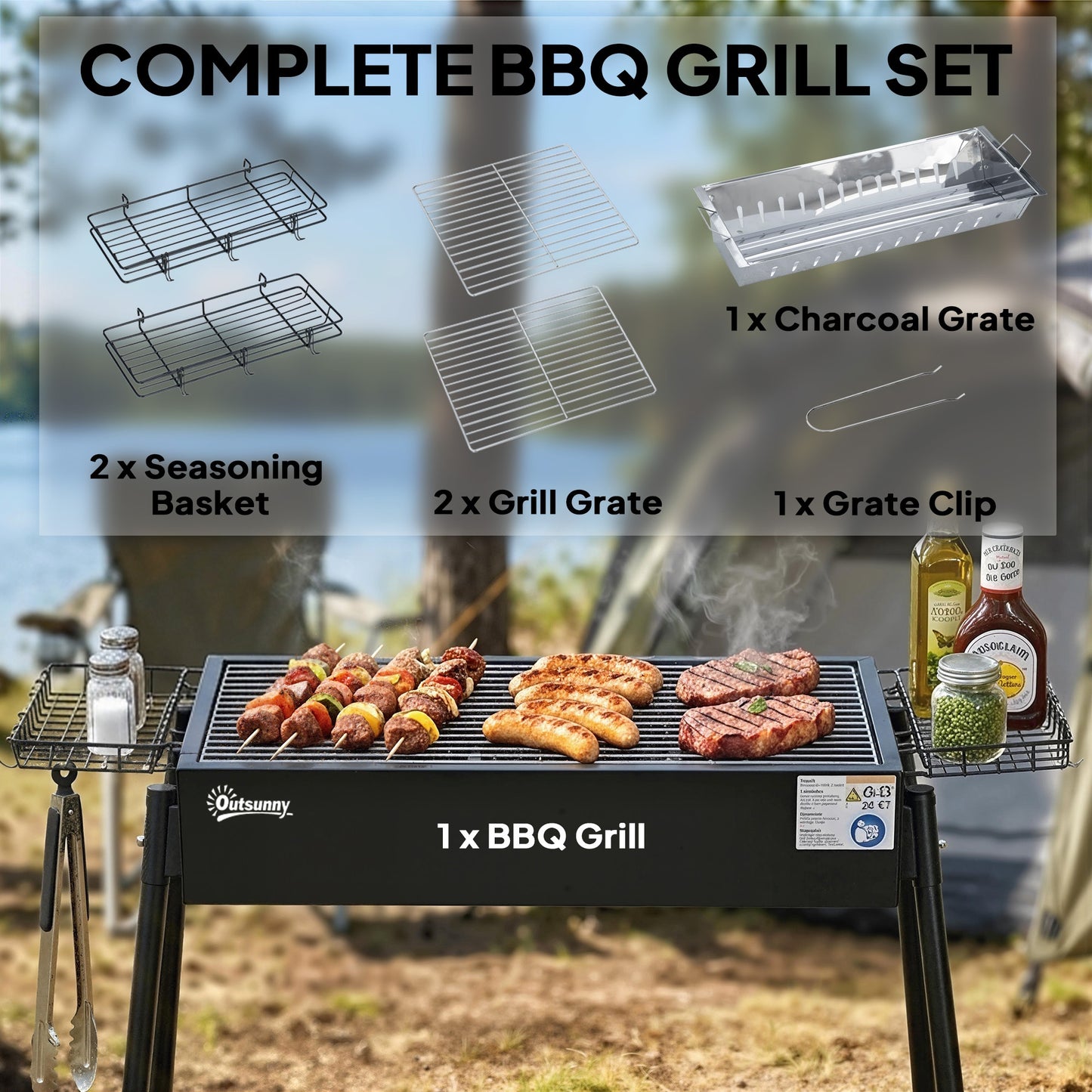 Portable Charcoal BBQ Grill with Seasoning Baskets for Camping Picnic Hiking