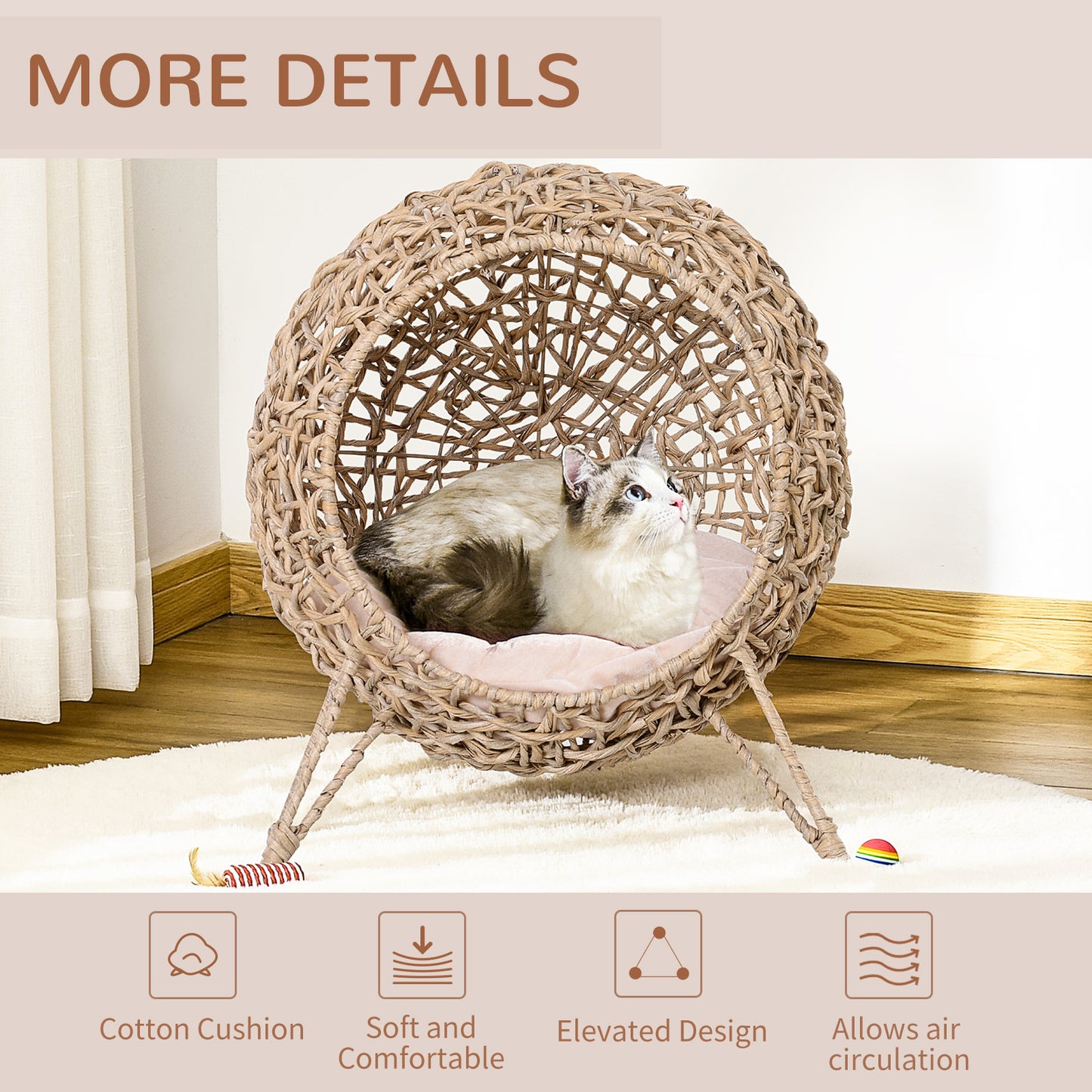 Rattan Elevated Cat Bed House Kitten Basket Ball-Shaped Pet Furniture w/ Removable Cushion - Natural