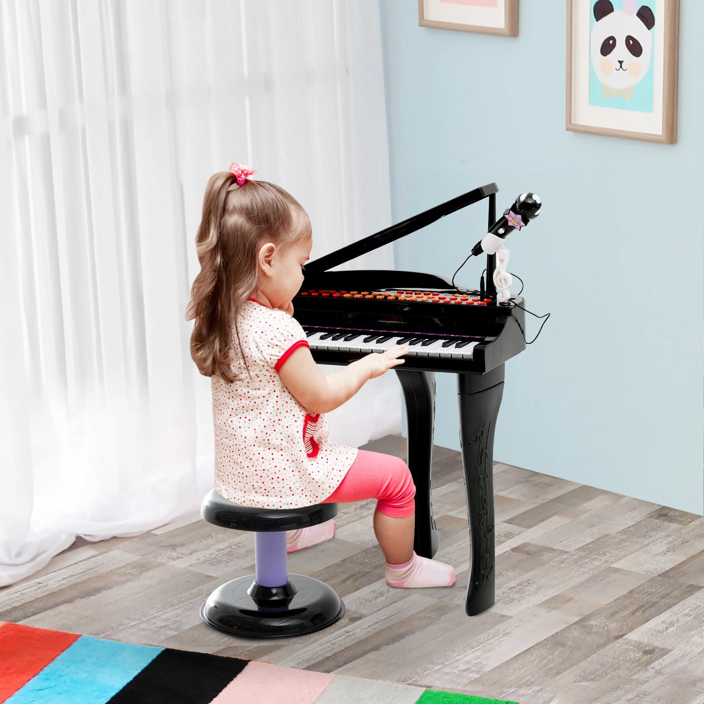 Mini Electronic Piano with Stool and Microphone Stand - Black