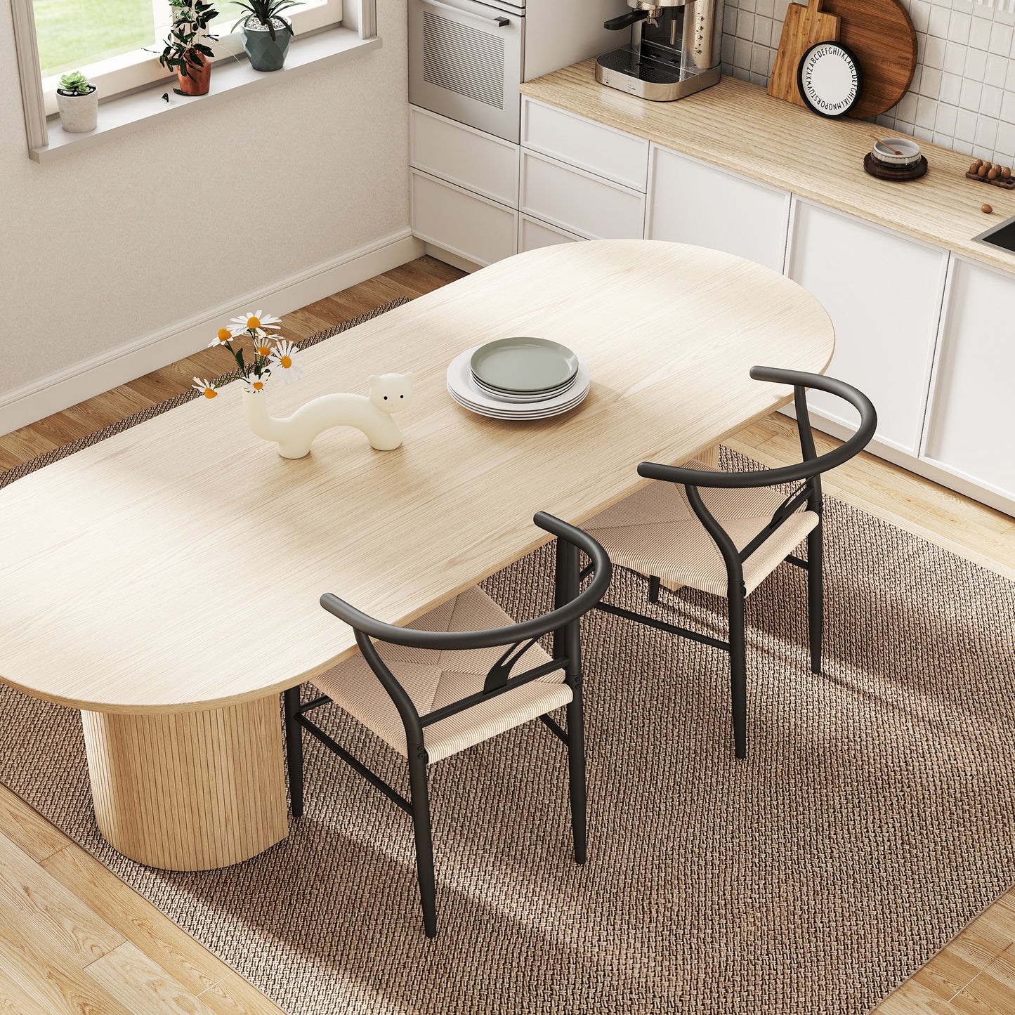 Set of Two Weave Dining Chairs with Y-Shaped Backrest Hemp Seat - Black/Beige