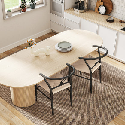 Set of Two Weave Dining Chairs with Y-Shaped Backrest Hemp Seat - Black/Beige
