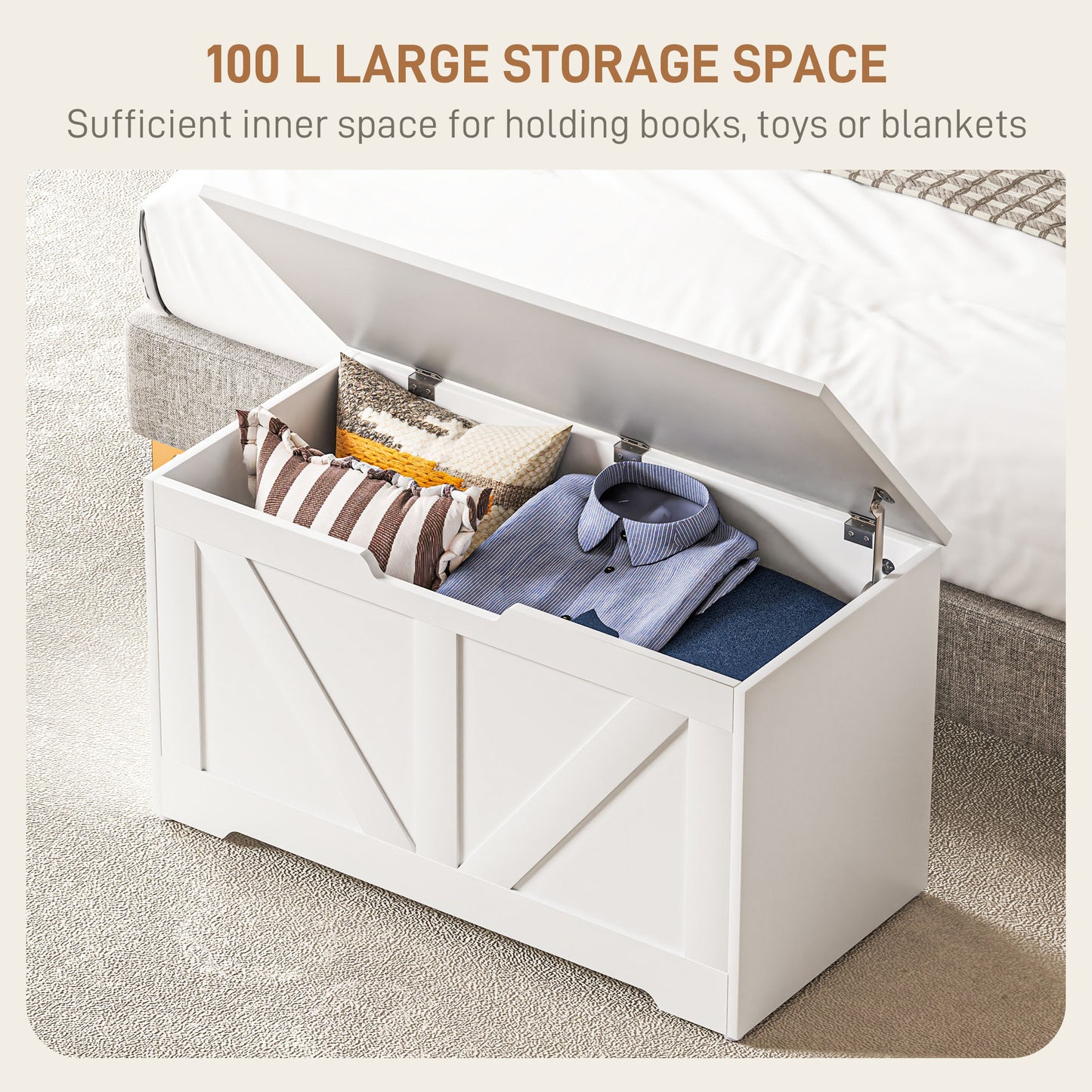 100L Home Storage Box, with Safety Hinge - White Wood-Effect