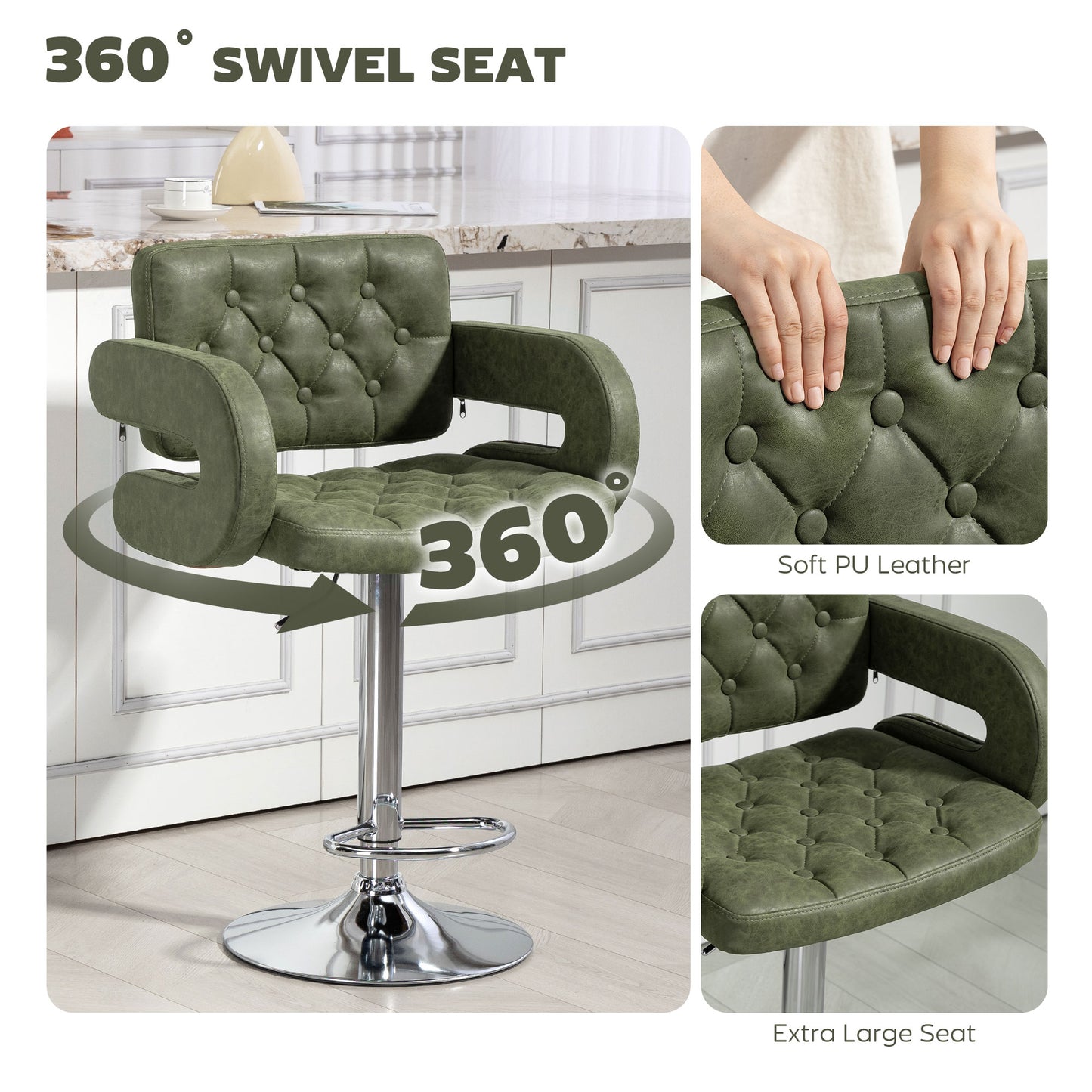 PU Leather Upholstered Swivel Bar Stool, Height Adjustable with Back, Armrest, Footrest, Green