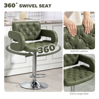 PU Leather Upholstered Swivel Bar Stool, Height Adjustable with Back, Armrest, Footrest, Green