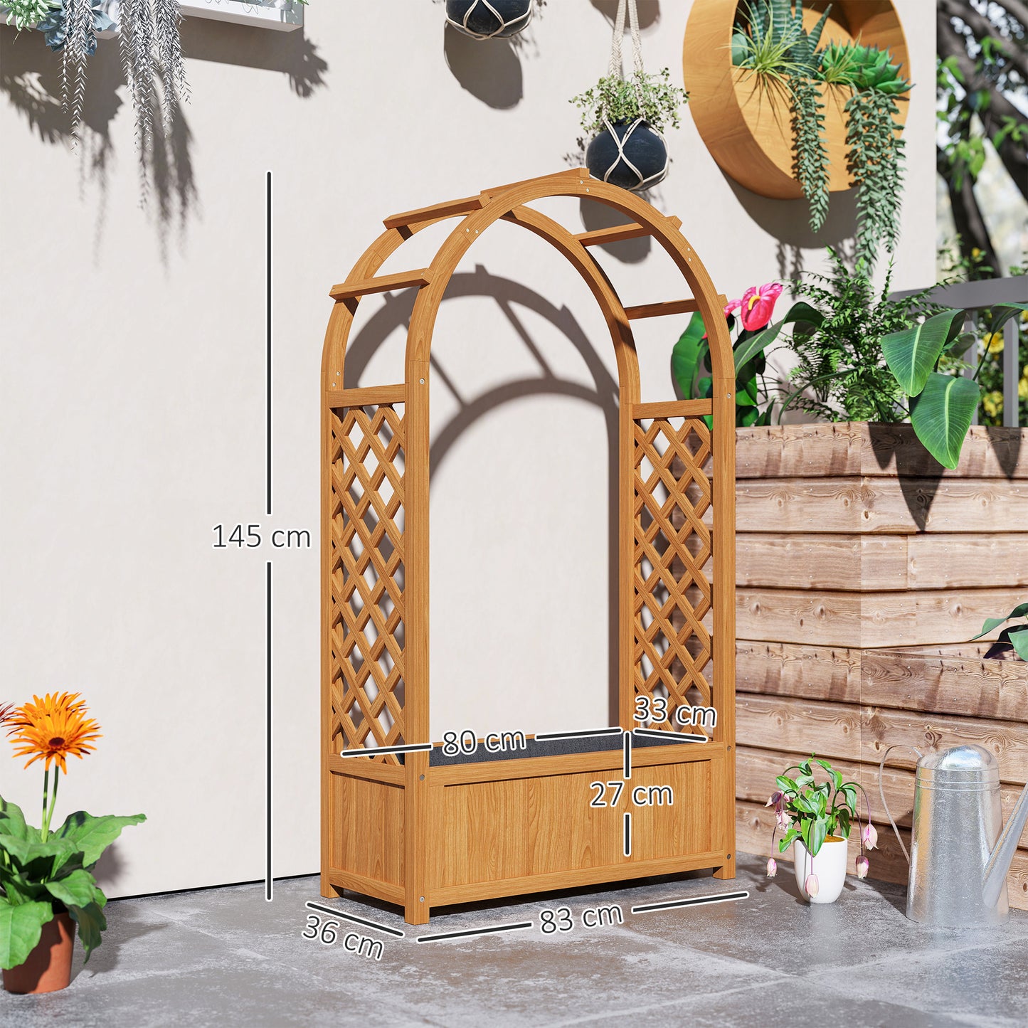 Wooden Raised Garden Bed with Trellis, Liner, Drainage Holes, for Vine Climbing Plants, Flowers, 83 x 36 x 145 cm
