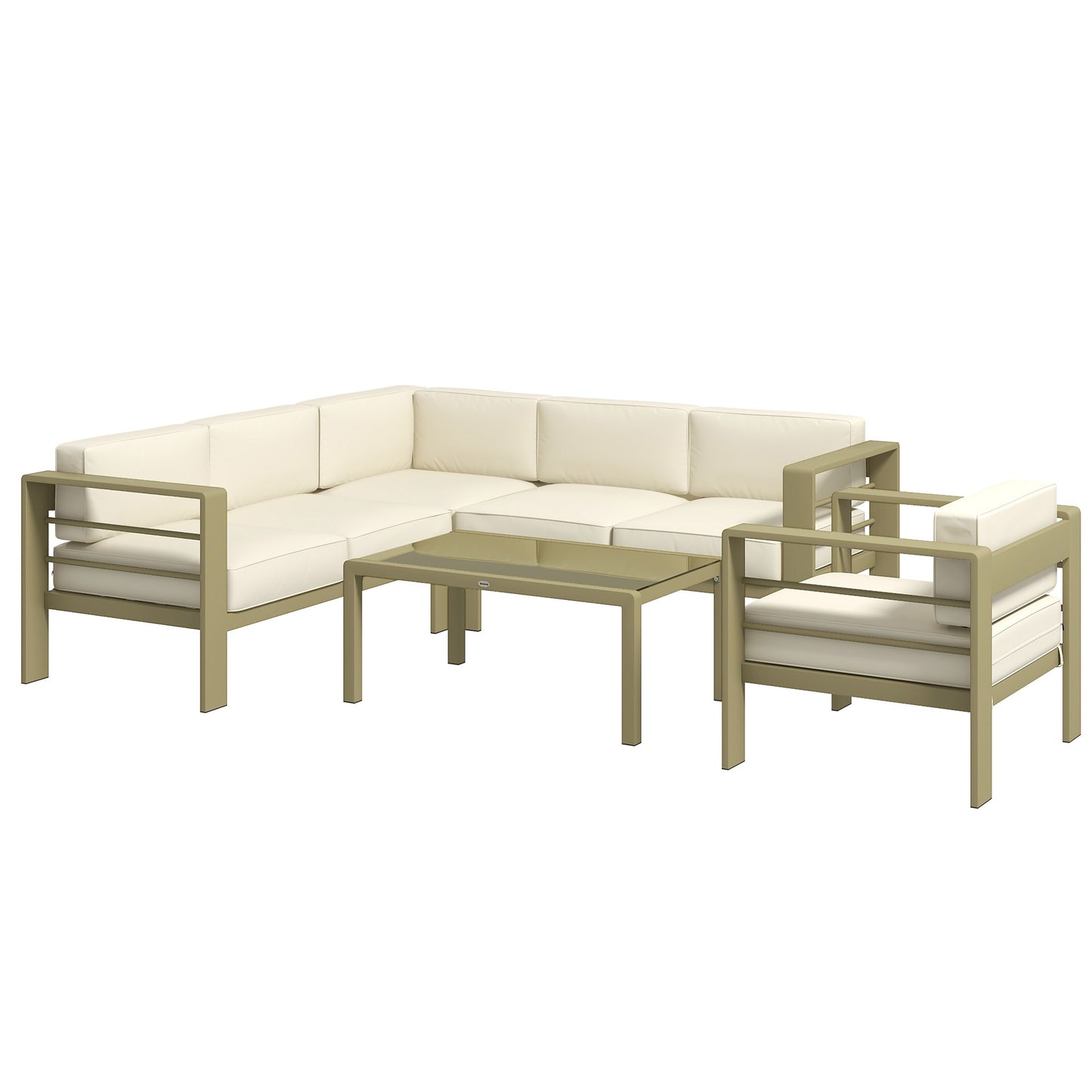 5-Piece Garden Corner Sofa Set with Cushions, 6 Seater Aluminium Garden Furniture Set with Glass Top Coffee Table