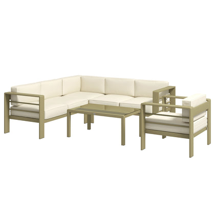 5-Piece Garden Corner Sofa Set with Cushions, 6 Seater Aluminium Garden Furniture Set with Glass Top Coffee Table