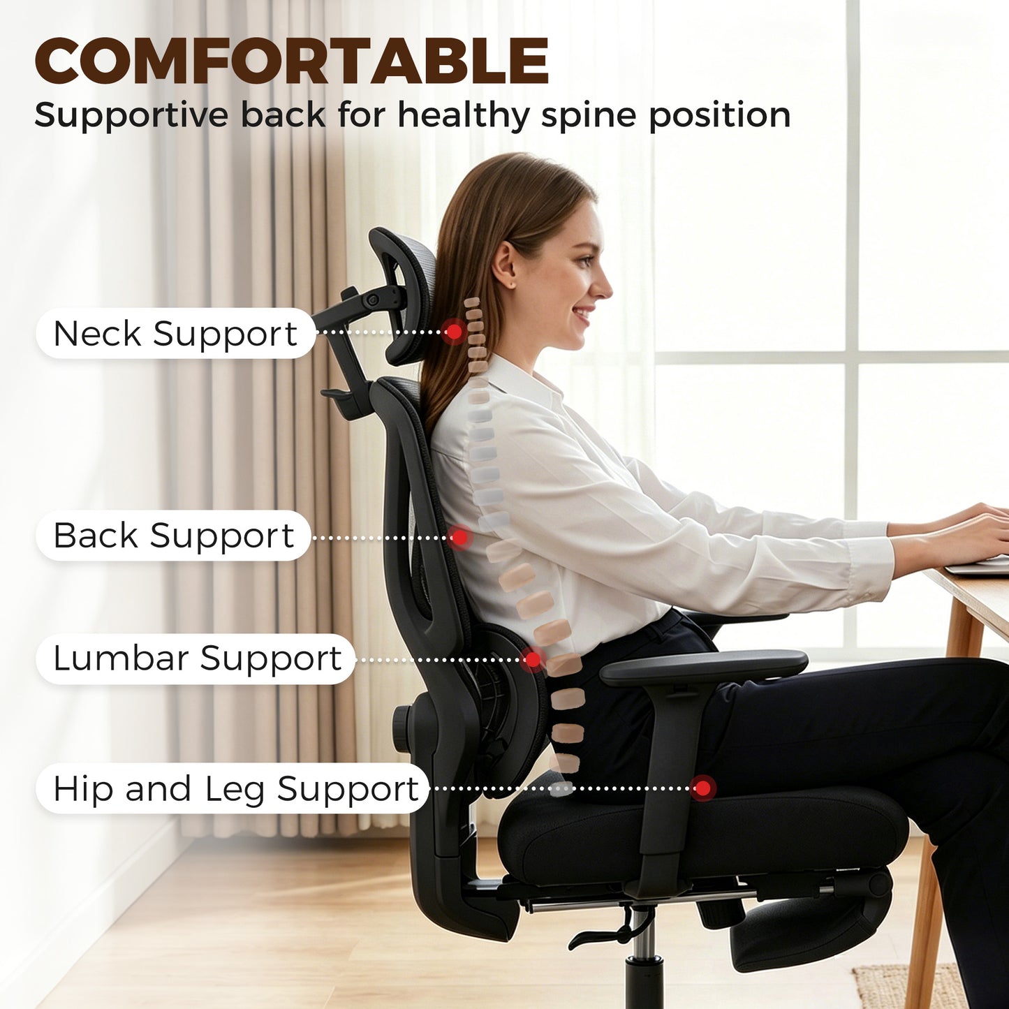 Mesh Desk Chair with 3D Armrests, Ergonomic Office Chair with Rotatable Headrest, Black