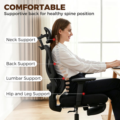 Mesh Desk Chair with 3D Armrests, Ergonomic Office Chair with Rotatable Headrest, Black