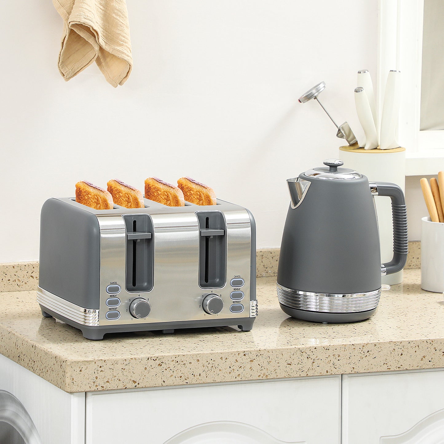 Stainless Steel Panel Kettle and Toaster Set - Grey