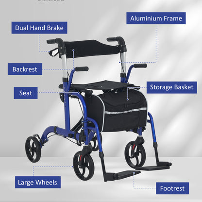 2 in 1 Wheelchair Transport Chair & Folding Rollator Walker with Seat, Backrest, Footrest, Lightweight Walking Frame