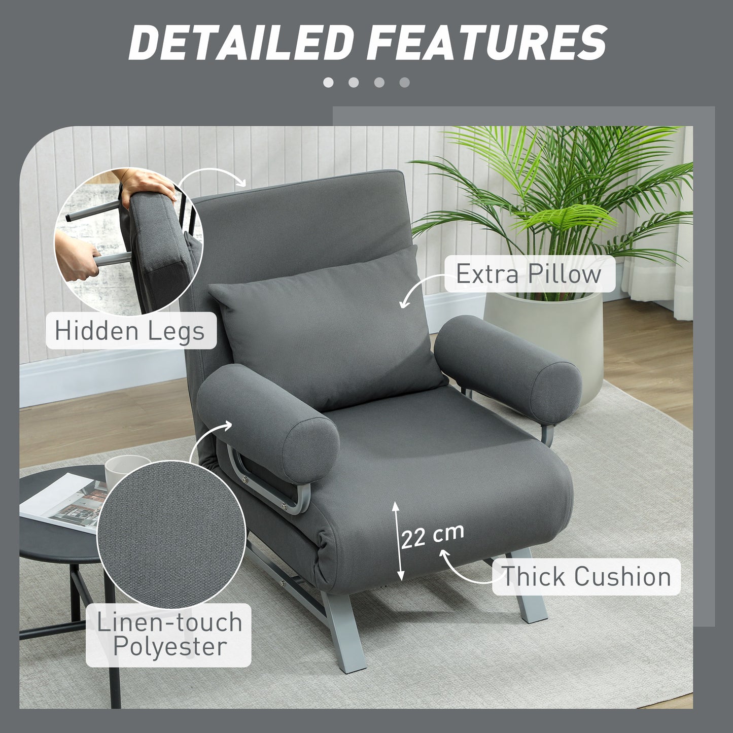 Single Sofa Bed, 3-in-1 Convertible Folding Chair Bed with Adjustable Backrest, Removable Armrests, Dark Grey