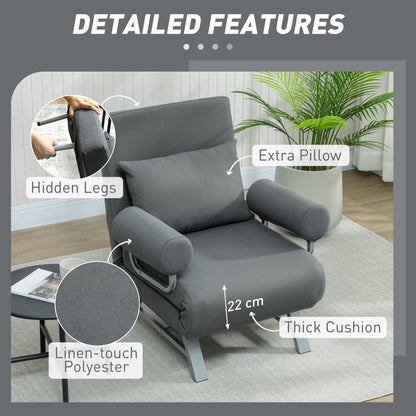 Single Sofa Bed, 3-in-1 Convertible Folding Chair Bed with Adjustable Backrest, Removable Armrests, Dark Grey