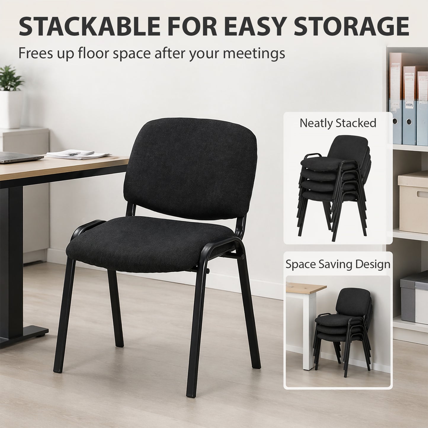 Meeting Chair, Stackable Ergonomic Office Chair with Padded Seat, Curved Backrest for Conference Room, Black