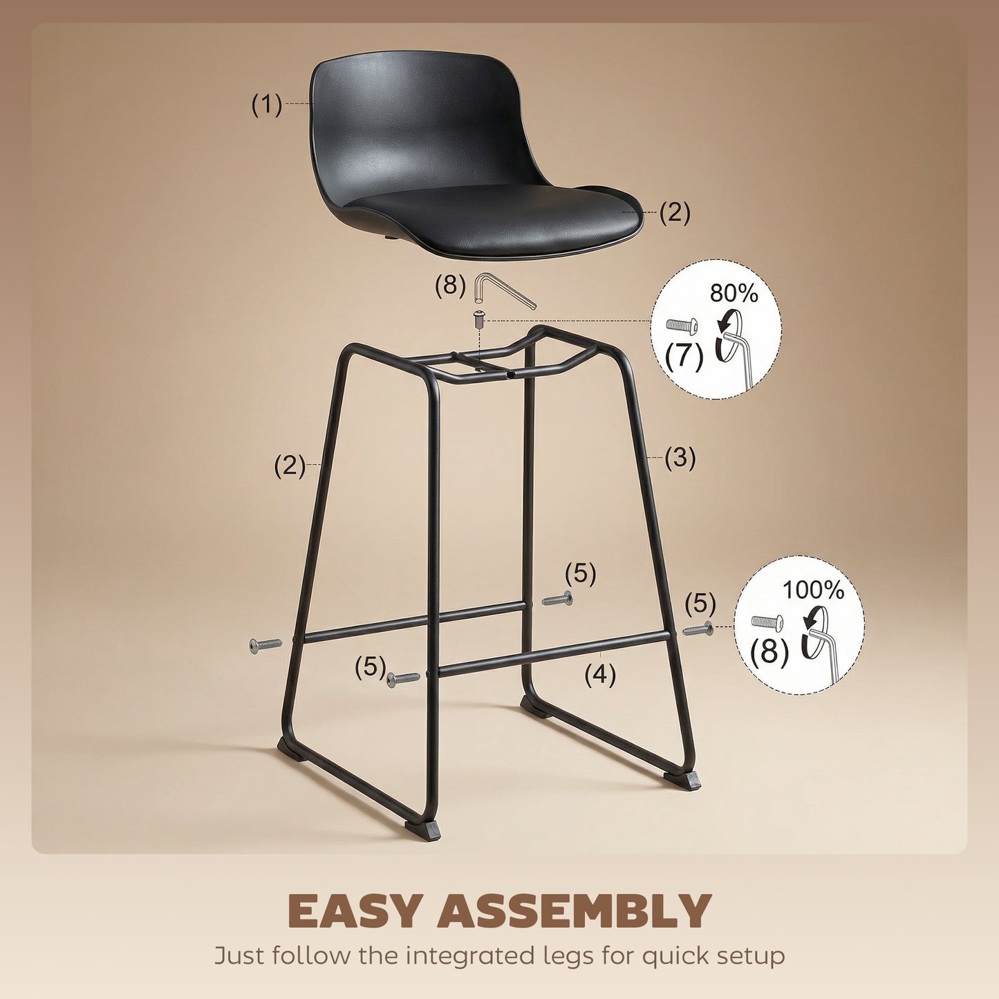 Modern Bar Stools Set of 2, PU Leather Barstools, Counter Height Kitchen Chairs for Breakfast Bars, Dining Room, Black
