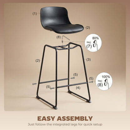 Modern Bar Stools Set of 2, PU Leather Barstools, Counter Height Kitchen Chairs for Breakfast Bars, Dining Room, Black