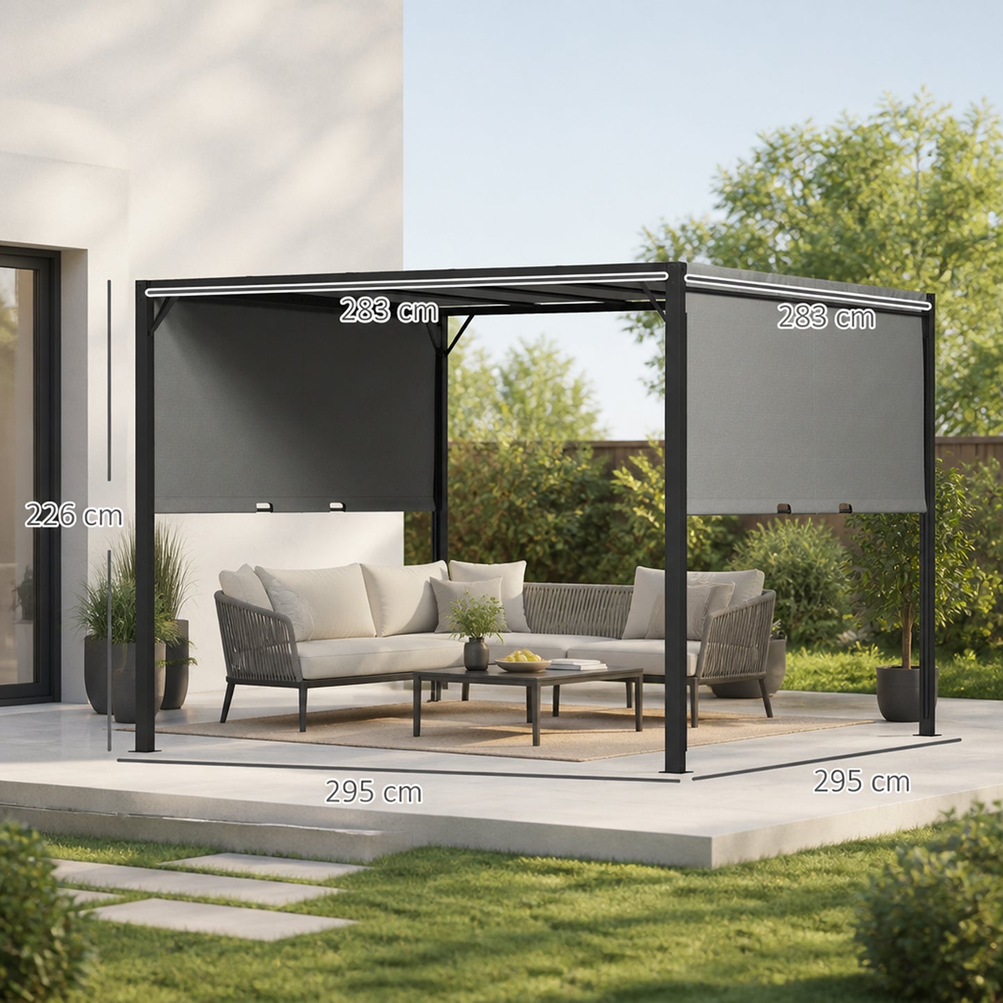 3 X 3 Meters Pergola with Sliding Roof, Garden Gazebo with Adjustable Sun Shade Canopy and Steel Frame, Charcoal Grey