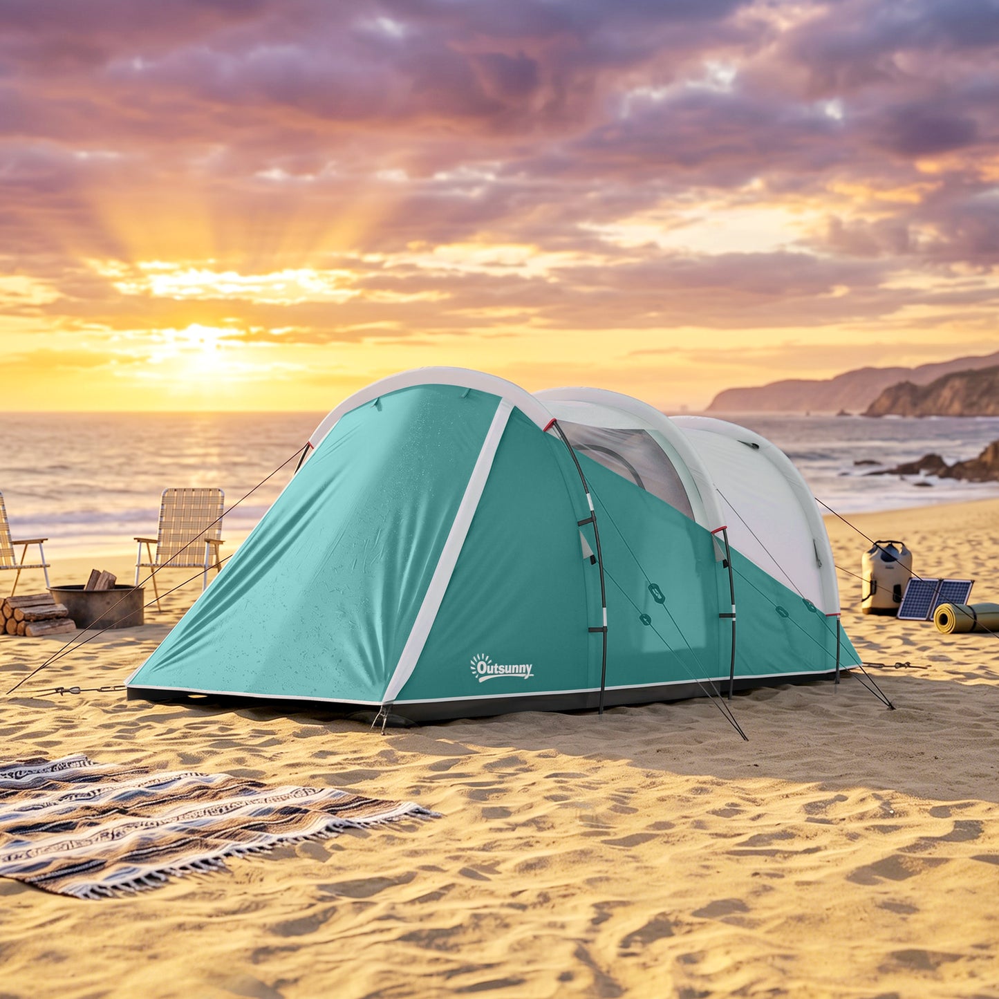 Three-Man, 3000mm Water-Resistant Two-Room Tunnel Tent - Green