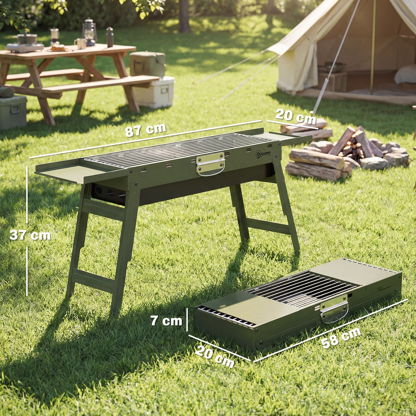 Portable BBQ Grill, Foldable Charcoal Grill for Camping and Picnics with 2 Side Shelves and Handle, Green