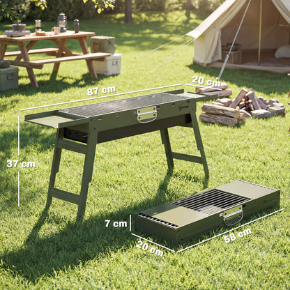 Portable BBQ Grill, Foldable Charcoal Grill for Camping and Picnics with 2 Side Shelves and Handle, Green