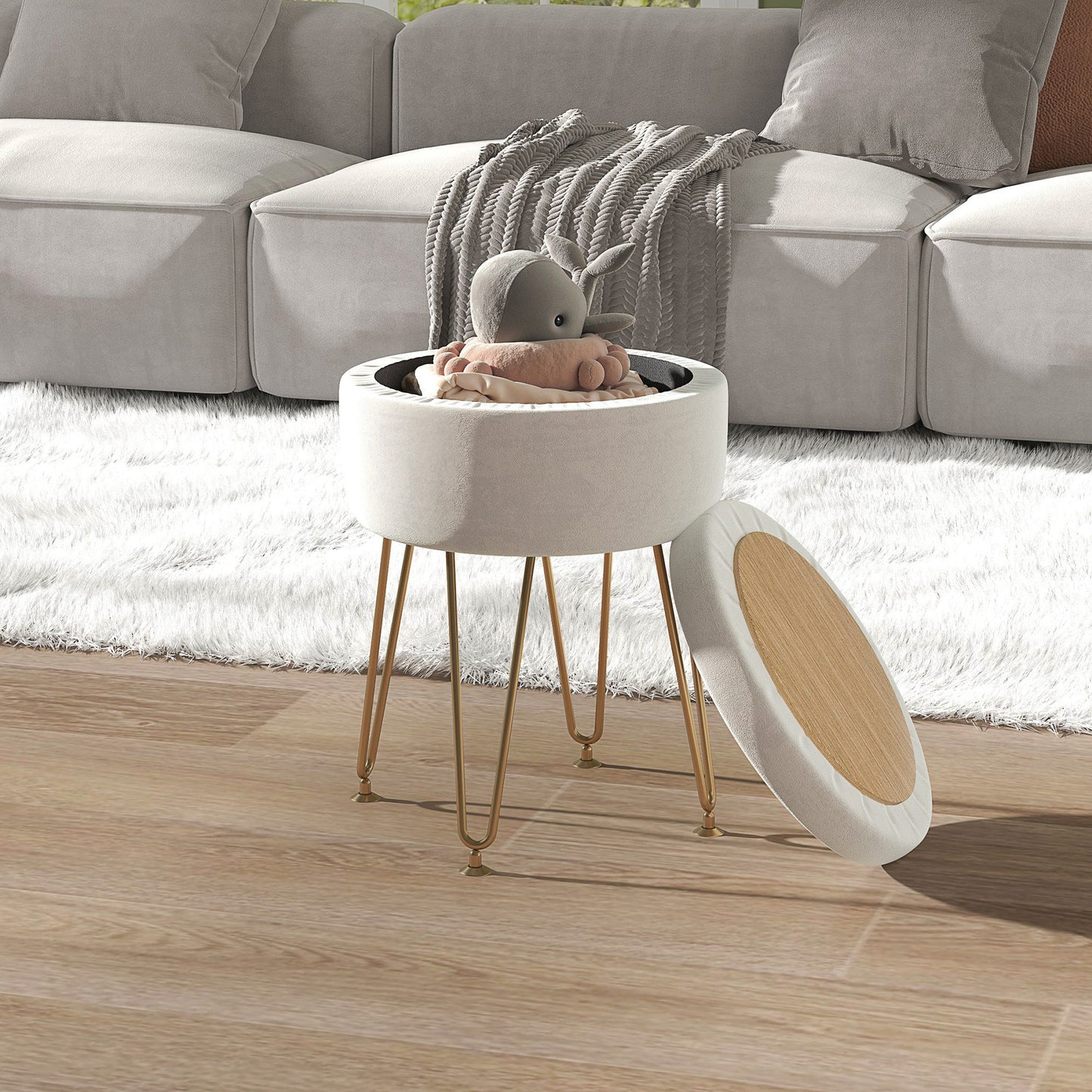 5L Velvet-Feel Storage Ottoman - Cream White