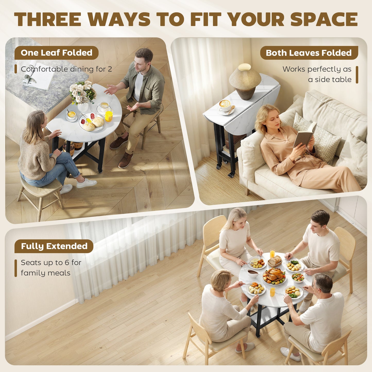 Folding Dining Table, Drop Leaf Table with Open Shelf, Rolling Kitchen Table for Dining Room, Small Spaces, White Marble