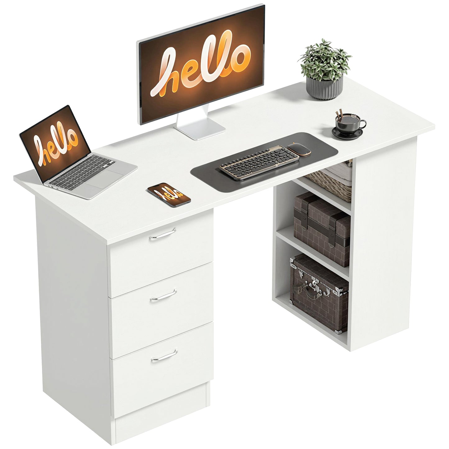 Computer Desk with Drawers, Home Office Desk, Writing Table, PC Workstation with 3 Storage Shelves for Working, Study